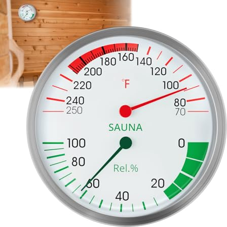 Stainless Steel Sauna Hygrometer Thermometer with Color-Coded Dial 5 Large Display,70-250°F, 0-100%,Heat-Resistant,Easy to Read Humidity Temperature Gauge for Home Spa, Steam Rooms
