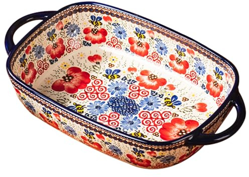 Plat de four en céramique, plat de cuisson, four en céramique résistant à la chaleur à 730 ml avec des poignées doubles, lasagne rectangulaire imprimé floral, plats casserole lavables non glissa