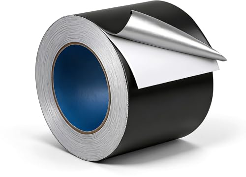 EXLECO Aluminium Klebeband Schwarz 100mm x 50m, Alu Klebeband Hitzebeständig, 0.07mm Dick Alufolie, Wasserdichtes Metallband - Selbstklebend mit Trennpapier als Auspuff Dichtband, Ddampfsperre