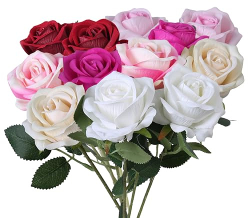 XIAOGUA 12 rose artificiali con fiori lunghi, rose artificiali in schiuma artificiali, per ufficio, feste, desktop, decorazione per la casa, la cucina (colori misti)