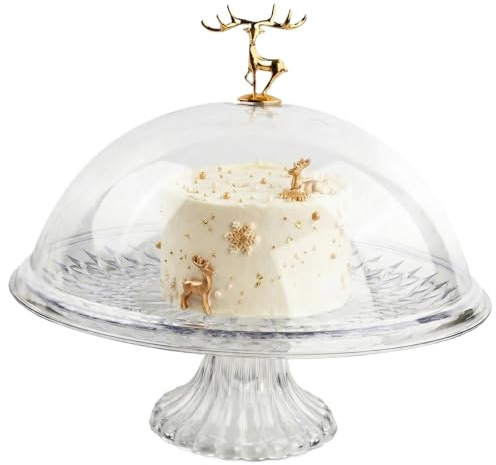 1 Set Soporte para Tartas, Bandeja para Tartas con Tapa Transparente, DM 30 CM, H 16,5 CM, Plato con Tapa y Pie, Plato para Tartas con Campana de Pie, para Pan, Postre, Tartas, Comida (Golden Deer)