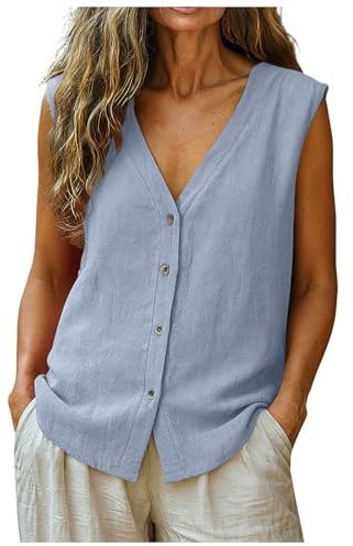 Genérico Top Verano Mujer Blusa sin Mangas algodón Lino Cuello en V con Botones Talla Grande Holgada Vintage Ligera Transpirable Casual Elegante Ideal Playa Oficina Vacaciones Fiesta Primavera (XXL)