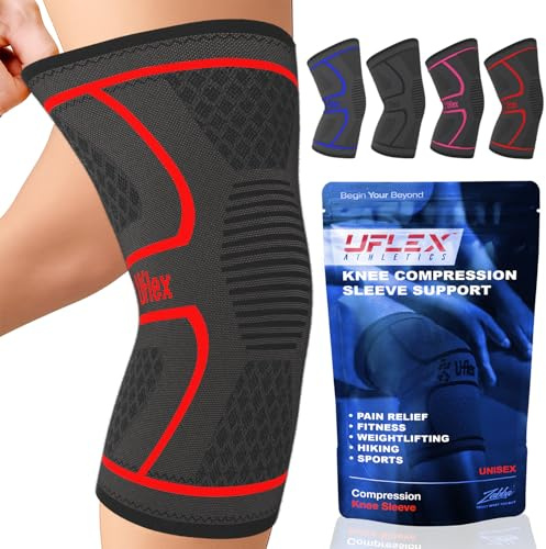 UFlex Athletics Genouillère pour homme et femme – Bandage de soutien respirant pour soulager les douleurs au genou, pour le sport et la récupération [XL] (rouge)