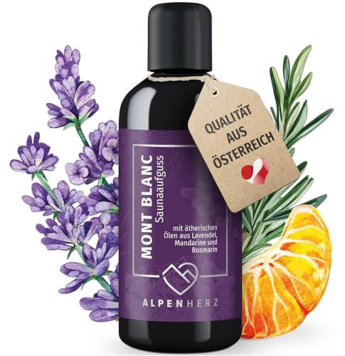 ALPENHERZ Saunaaufguss - 100% naturrein - 100ml mit ätherische Öle aus Lavendelöl, Mandarine & Rosmarienöl Saunadüfte Aufgussmittel Saunaöl Sauna Zubehör Saunaduft Aufguss Geschenkset