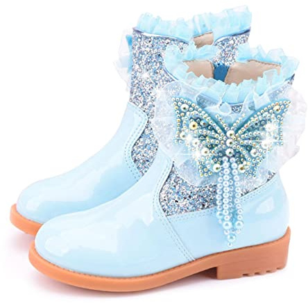 FStory&Winyee Ragazze Principessa Stivali Princesse d'Hiver Scarpe Neve Bambine Invernali Foderato Caldo Gomma All'aperto Slip-On Cosplay Regina Ghiaccio Costume Carnevale Halloween Natale Blu 31