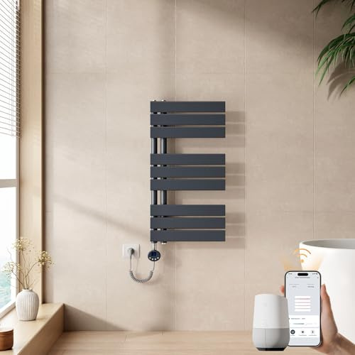 EMKE Seche Serviette Electrique 762 x 400 mm, Porte-Serviettes Chauffant avec WiFi Thermostat, Chauffe Serviette Salle de Bain Anthracite 400 W,Sèche Serviette électrique