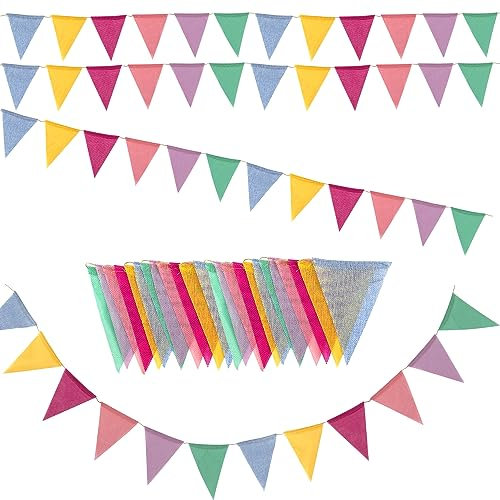 Wimpelkette Outdoor, 5 STK Wimpelkette Stoff, Wimpelkette Wimpel Girlande Draußen, Bunte Dreieck Flaggen Banner mit 60Pcs Farbenfroh Wimpeln, für Geburtstag Party Hochzeit Dekoration