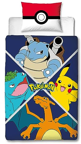 Character World Pokemon Officially Licensed Divide Design Single Duvet Cover Set | Reversible 2 Sided Pikachu Characters Bedding Including Matching Pillow Case | Perfect For Kids Bedroom | Polycotton