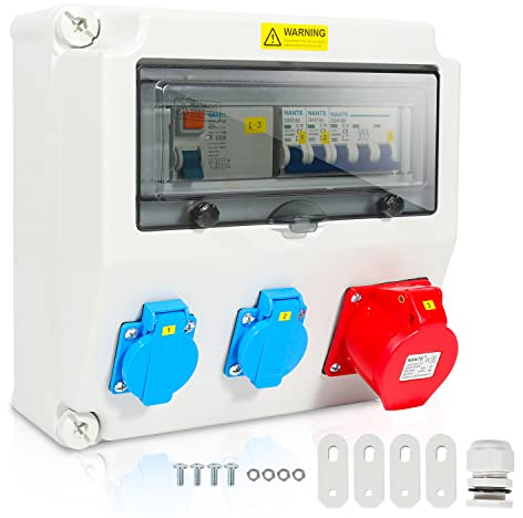 Cecaylie Väggfördelare 1 x 16 A, 2 x 230 V, med LS+FI, strömfördelare med ledningsskyddsbrytare, byggströmfördelare med Schuko-uttag, 5 poler, byggströmsfördelare för inomhus- och utomhusbruk