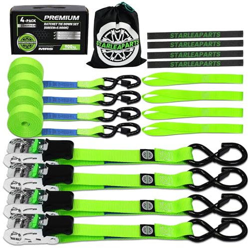 StarLeaparts Spanngurte mit Ratsche 4 Stück, 900kg Bruchfestigkeit - 25mm x 4m Zurrgurte mit Ratschen Satz, Spanngurte mit Haken für Motorrad, Umzugsgeräte und Fracht, Grün
