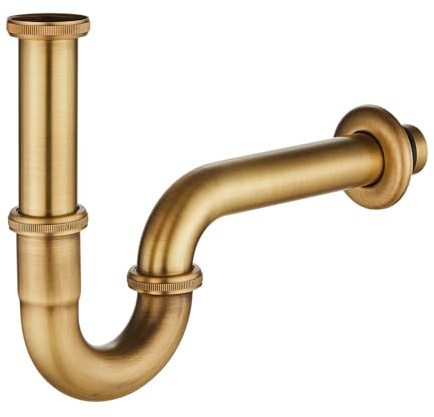 KINKIBOS, sifone a P in acciaio inossidabile 1 1/4 x 32mm universale per lavandino e lavabo del bagno, altezza regolabile, blocca i cattivi odori, finitura ottone antico spazzolato