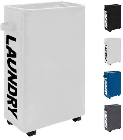 Trimming Shop Slim Laundry Basket with Wheels 38L Collapsible Rolling Laundry Hamper with Side Handles Space-Saving Tall & Thin Foldable Storage Bins for Corner 40x18x53cm (White)