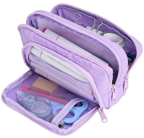 Euqvunn Federmäppchen Mäppchen Groß mit 3 Fächer, Stifteetui Schreibwaren Organizer für Schule und Büro, Jungen, Mädchen und Erwachsene sind alle geeignet -Lila