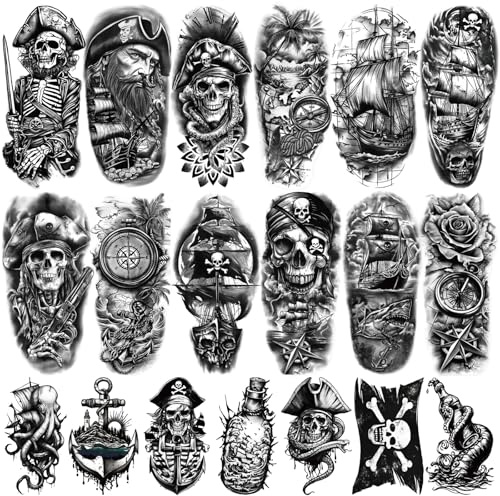77 Sheets Temporary Pirate Tattoos, Captain Anchor Compass Sailboat Tattoos, Pirate Ships, Skull, Crossbone, Sailor Fake Arm Tattoo for Men Women Costumes