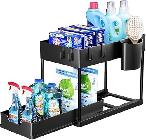 ECOPLUS Organizer Sottolavello Salvaspazio Sottolavabo, Organizzatore Cucina e Bagno, Scaffale Sottolavello Nero (40x22x32 cm) con Portaoggetti, Struttura Resistente, Perfetto per Lavandino e Lavello