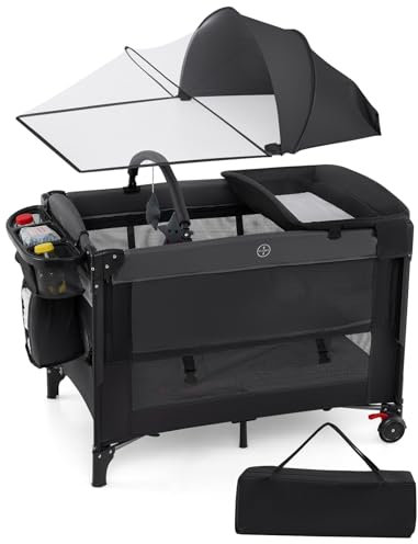 COSTWAY 5 in 1 Beistellbett, Reisebett Baby mit Matratze, Babybett höhenverstellbar mit Wickelauflage, Mosktionetz & Spielbogen, Stubenwagen mit Rollen & Tragetasche für bis 36 Monaten, Schwarz