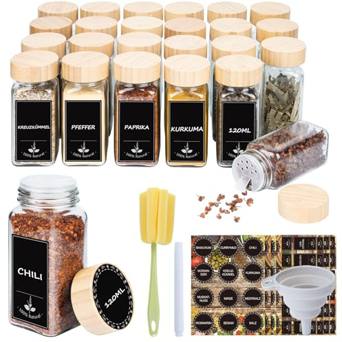 UISEBRT Lot de pots à épices carrés Set de 12/24 contenants à épices avec étiquettes Bocaux à épices en verre 120ML Conservation d'épices hermétique avec insert à saupoudrer, entonnoir (Couvercle en