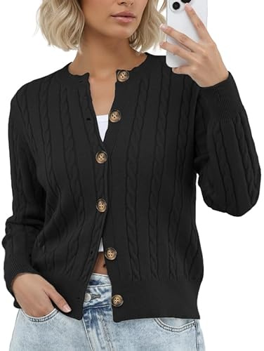 GRECERELLE Women's Cardigans Soft Long Sleeve Jumpers Ladies Crew Neck Sweater Casual Knitwear Cardigan with Buttons for Women UK,Autumn,Winter (Black, M)