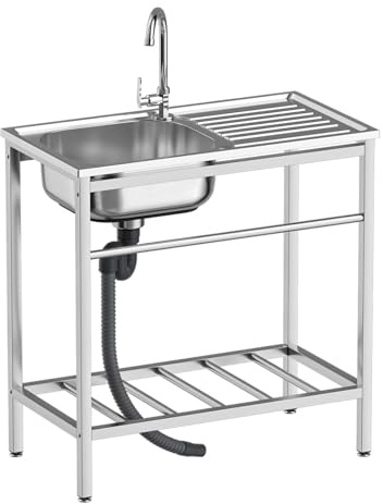 Free Standing Utility Sink, Outdoor Stainless Steel Laundry Tub, Portable Single Bowl Washing Hand Basin Station with Workbench, Fish Cleaning Table &Storage Shelves for Garage, Kitchen,Camping