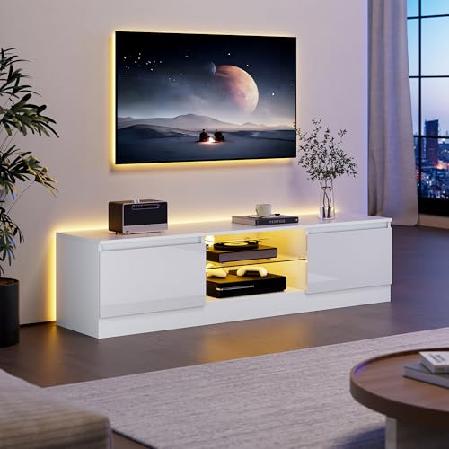 AUREUM OPAL Mueble TV para hasta 70 Pulgadas, 29,3 × 160 × 40 cm, Mueble TV Salón con 2 Puertas, con Luz LED Ajustable de 16 Colores, Estante Abierto, Dormitorio, Comedor (Blanco)