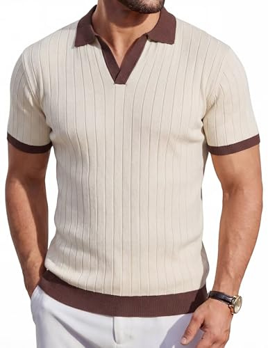 Remxi Men's Knit Polo Shirts Short Sleeve Ribbed Knitted Golf Shirt Lightweight T Shirts with Contrast Collar Apricot XL