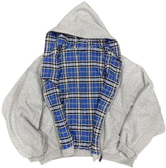 yssgtt Mens Vintage Reversible Hoodies Womens Plaid Print Sweatshirt Baggy Long Sleeve Mens Zip Up Hoodie Top Unisex Blue