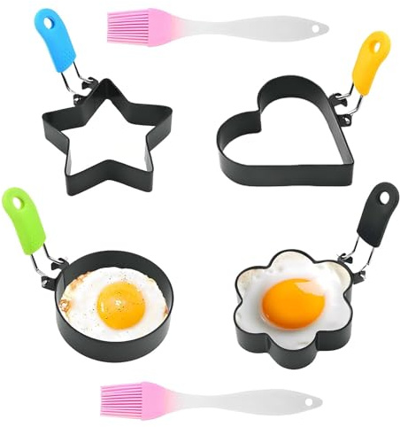 Dwitkul 4 Pezzi Stampo per Frittata in Acciaio Inossidabile Stampo Pancake con Manico Anello Uova Forme Diverse Stampi con Spazzola in Silicone Anelli Utensili da Cucina per Friggere