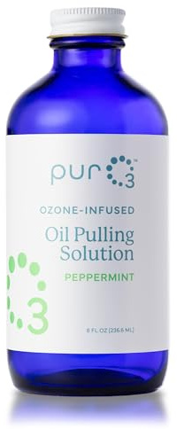 PurO3 Ozonated Oil Pulling Solution - Organic, Ozone Infused Coconut, Sesame, Sunflower, & Peppermint Essential Oils for Teeth & Gums - Fluoride-Free, Non-Toxic & Non-GMO Oral Care, 8 oz