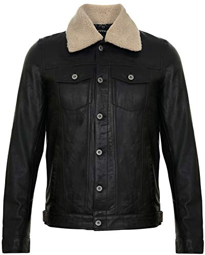 Herr läderjacka trucker avtagbar fårskinn sherpa krage casual jeans rock, Svart, M