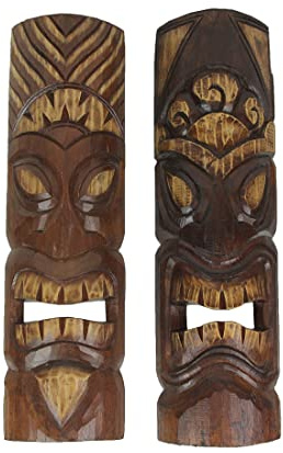 Chesapeake Bay Set of 2 Unique Hand-Carved Wooden Polynesian-Style Tiki Wall Hanging Masks Featuring Sun and Flower Headdress - Artisan Crafted - Exotic Island Decor, 20 Inches High