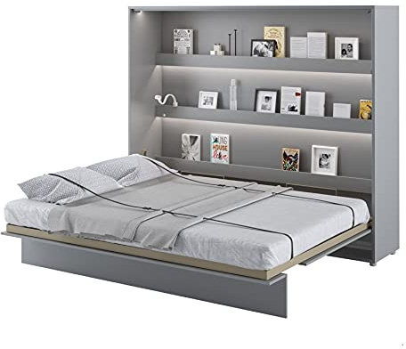 Arthauss Horizontal Wall Bed Concept BC-14 in Grey 160 cm with Functional Shelves, Fold Down Hidden Cabinet for Small Rooms