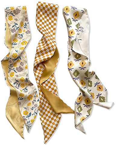 LumiSyne 3Pcs Foulard En Soie Étroit Femme Filles Écharpe Maigre Longue Rétro Frais Imprimé Fleur Motif à Pois Damier Foulard Ruban En Satin Cravate Foulard Cheveux Bandeau Au Poignet Poignée Ruban