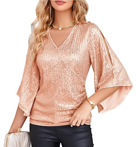 GRACE KARIN Dam chiffong blus toppar Puffed korta ärmar vintage eleganta toppar T-shirt CL0913S22 | Gnistrande paljett, volang ärm, V-ringad, wrap, kväll gå ut toppar, kvinnor långärmade toppar, glittrande blus