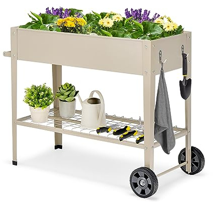 COSTWAY Cama de Jardín Elevada con Patas, Caja de Cultivo Elevada para Macetas con Estante Inferior, Jardinera Móvil con Ruedas y Patas, Jardinera Elevada de Metal para Patio (Blanco)