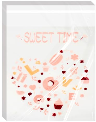 Rumyve OPP Cellophane Bags, 100 Self-Adhesive Cookie Bags, 10 x 10 cm (Love Dessert), Pink, Disposable, Airtight, Self Seal, Polypropylene (PP), Extruded Plastic