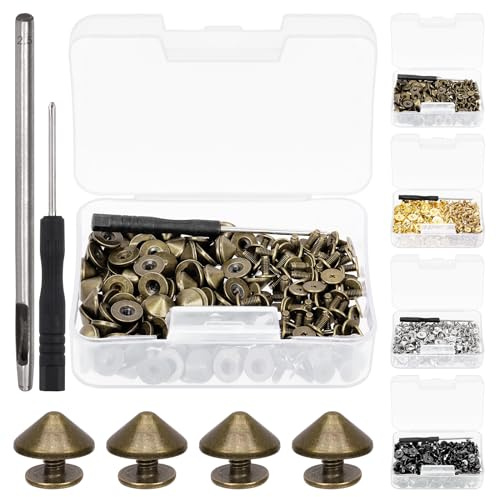 Swpeet Kit med 102 st bronsfärgade koner och dubbar med hålslag och skruvmejsel, bakre läderhantverk snabba nitar skruvar, spikes kulkon spikes skruv för kläder skor läderhantverk