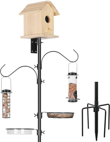 Urban Deco Kit de support de tige pour nichoir à oiseaux résistant aux intempéries, réglable, mangeoire à oiseaux avec support, 5 prises, kit de distributeur de mangeoire pour extérieur, jardin, noir