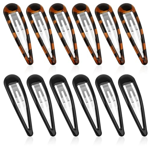 2.7'' Big Size Hair Clips, 12 PCS Drop Shape Metal Snap Hair Pins No Slip Hair Barrettes Simple Vintage Hairpins Hair Grips Classic Hair Accessories for Women's Thick and Thin Hair (Black & Tortoise)
