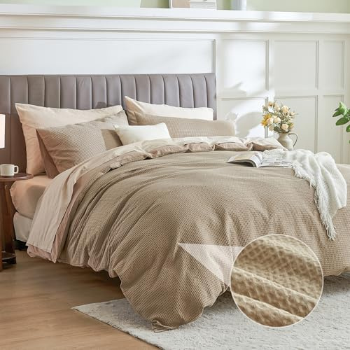 Simple&Opulence Waffle Duvet Cover King Size, 100% Cotton Waffle Bedding with 2 Pillowcases, Soft Breathable Seersucker Quilt Cover Set, Hidden Button Closure (230x220cm,Khaki)