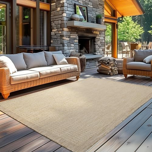 Carpetsale24 In- & Outdoor Teppich Wetterfest 120 x 170 cm Einfarbig Beige - Waschbar, Wasserfest, Pflegeleicht und Flachgewebe - Ideal für Balkon, Garten, Terrasse und als Küchenteppich