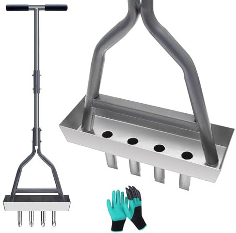 JAOGAUS Rasenlüfter, 4 Zinken Rasenbelüfter Spike Metall, Rasen-Kernbelüfter, Mit Ablageschale und Gartengeräten, T-Griff Rasenbelüfter, Für Auflockerung Boden/Verdichtete Böden/Verbesserung de Rasen