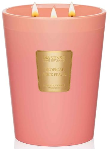 M&SENSE Tropisch-würziger Pfirsich Duftkerze im Glas groß 990g 3-Docht 150h langsame Verbrennung, Intensiver Wohnduft Aromatherapie Kerze für Entspnnung Einzugsgeschenk & Wohnaccessoire