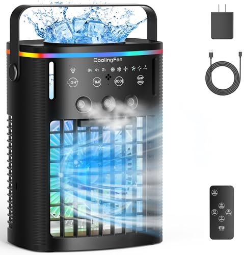 Mini climatiseur portable avec télécommande, 3 vitesses et 3 brumes, minuterie de 2 à 8 heures et refroidisseur d'air par évaporation à 7 lumières, ventilateur de refroidissement personnel pour