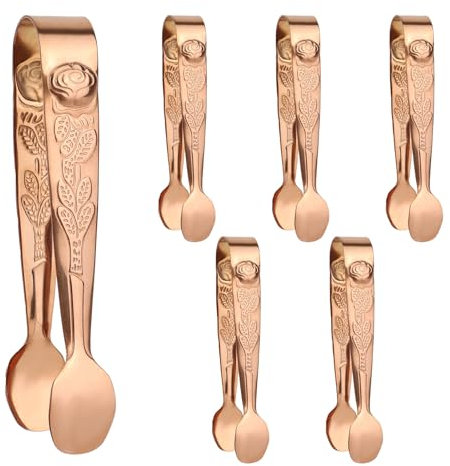 BOXOB 6pz Mini Pinze per Zollette di Zucchero, 10,5cm Piccole Pinze da Portata con Motivo a Rosa in Acciaio Inox per Antipasti Taglieri di Salumi Dessert Bar (Oro Rosa)