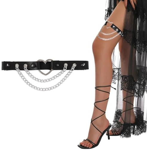 Liga de Cuero para Pierna, Liga Negra Ajustable de Doble Capa para Muslo, Cuero Elástico para las Piernas Ligas Góticas Punk para Muslo para Mujer