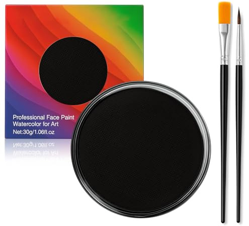 Erinde Pittura per Viso Opaca Nera, con 2 Pennelli, Truccabimbi a Base d’Acqua e Atossico, Trucchi Halloween Body Painting, Trucco Teatrale, Face Painting per Bambini e Adulti, Body Painting