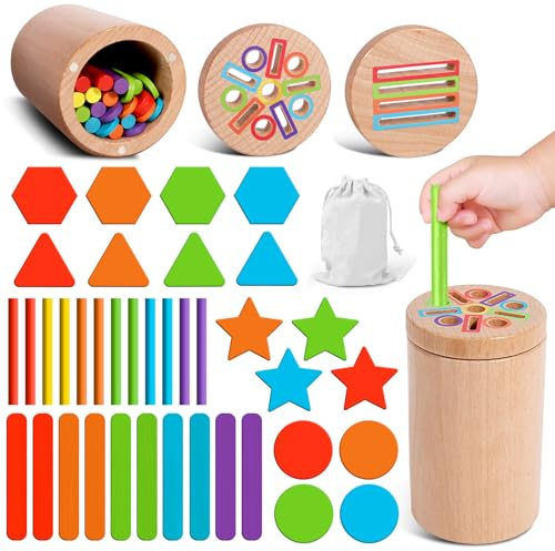 YGVQN Juguetes Montessori de Madera para Niños 1 2 3 Años, Juguetes Niños 3-en-1 Clasificar Colores y Formas con Cubo de Motricidad, Regalo Sensorial para Bebés Niñas y Niños (Madera Natural)