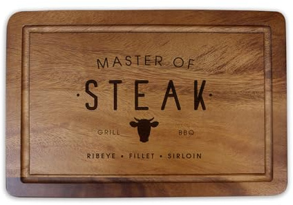 eBuyGB Master of Steak Cutting Board, Engraved Acacia Wood BBQ Board, Grill Master Gift for Him, Brown
