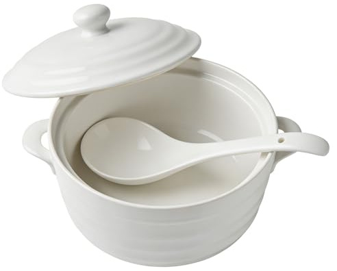 Soppterrin av keramik med lock och slev, lämplig för mikrovågsugn och diskbänk, perfekt för servering och varmhållning av soppan (1 200 ml)