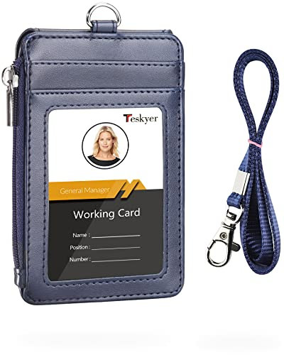 Teskyer Badge Holder with Lanyard, Card Holder with Zipper Pocket, 1 ID Window, Holds up to 4 Cards, PU Leather, Blue